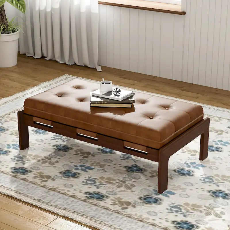Table basse rectangulaire ottomane en cuir touffeté avec cadre en bois d'hévéa de 48,4 po