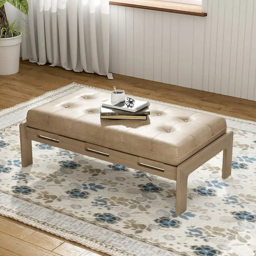 Table basse rectangulaire ottomane en cuir touffeté avec cadre en bois d'hévéa de 48,4 po