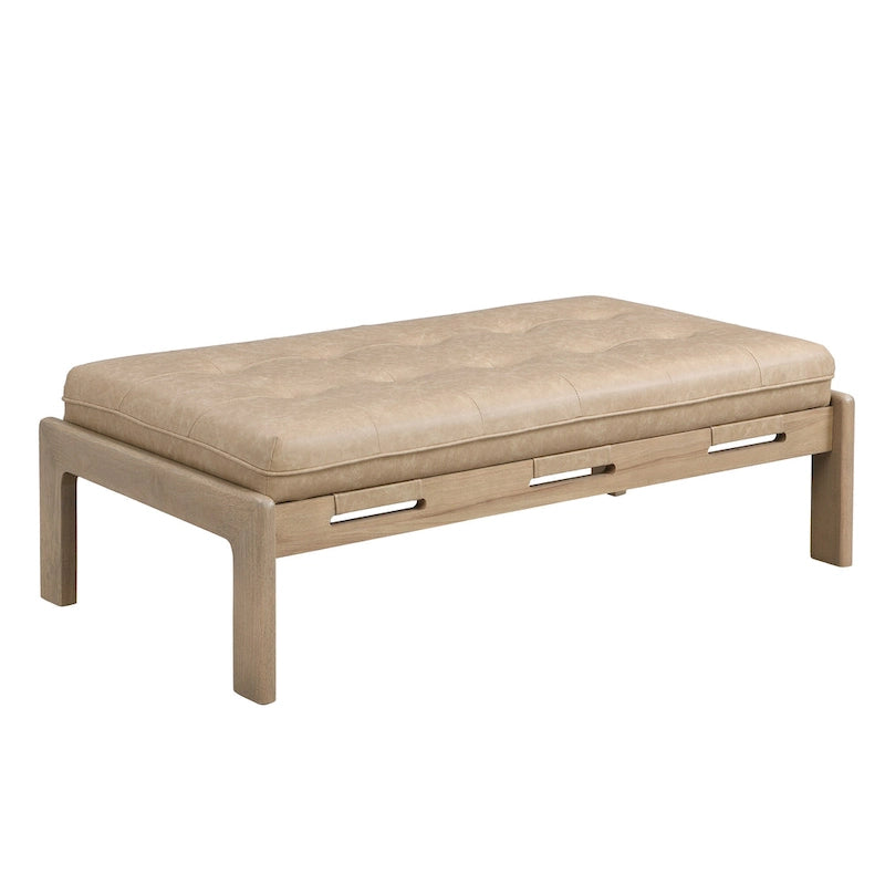 Table basse rectangulaire ottomane en cuir touffeté avec cadre en bois d'hévéa de 48,4 po