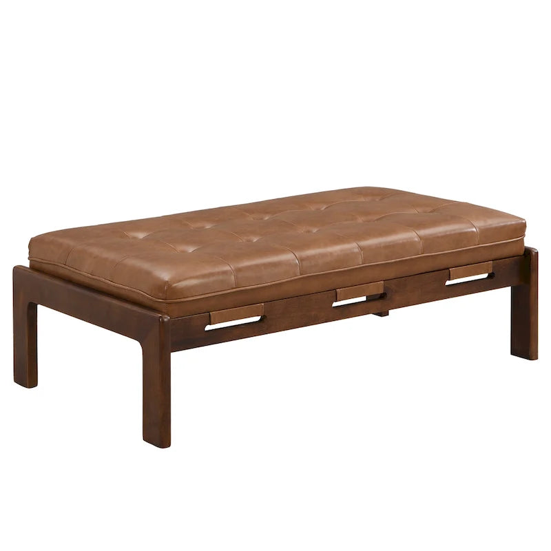 Table basse rectangulaire ottomane en cuir touffeté avec cadre en bois d'hévéa de 48,4 po