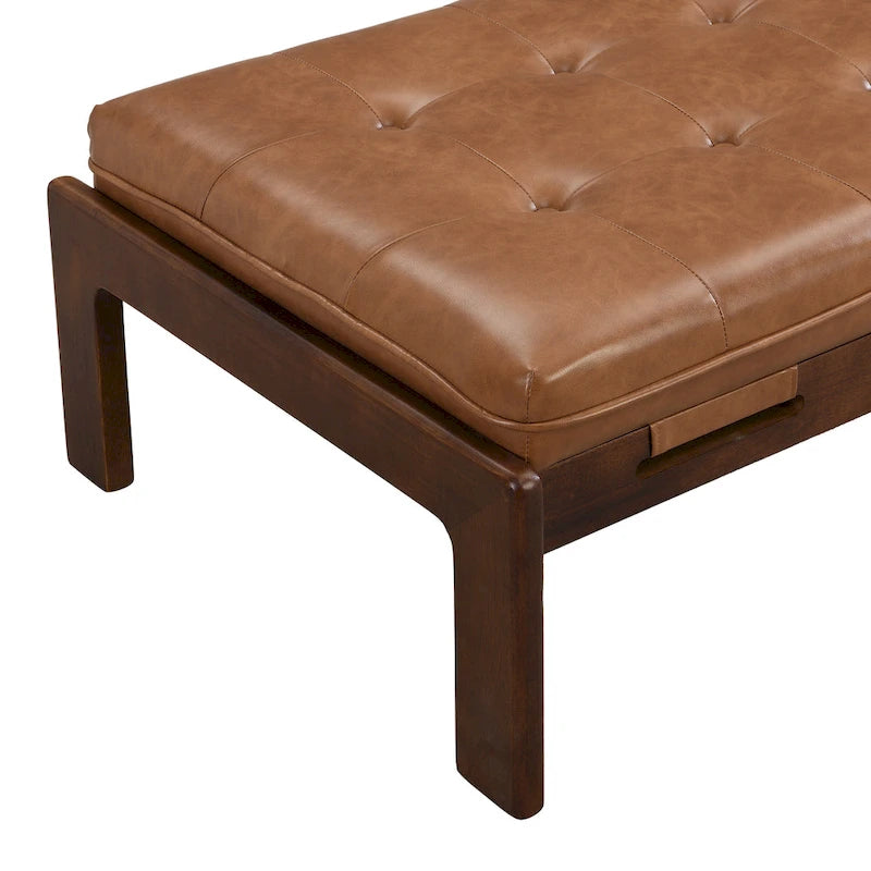 Table basse rectangulaire ottomane en cuir touffeté avec cadre en bois d'hévéa de 48,4 po
