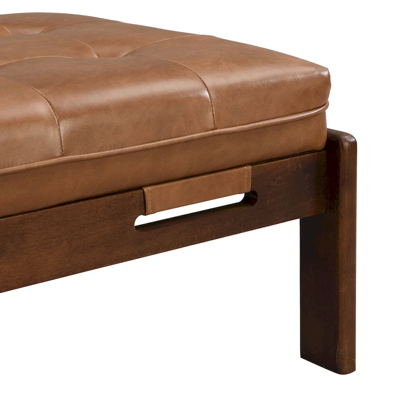 Table basse rectangulaire ottomane en cuir touffeté avec cadre en bois d'hévéa de 48,4 po