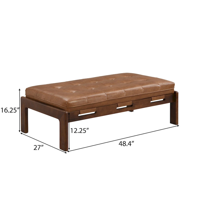 Table basse rectangulaire ottomane en cuir touffeté avec cadre en bois d'hévéa de 48,4 po