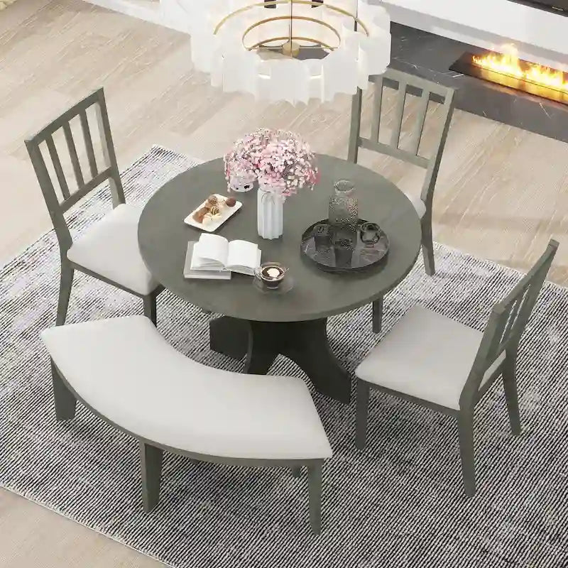Table et chaises de salle à manger style champêtre moderne avec piètement incurvé et banc