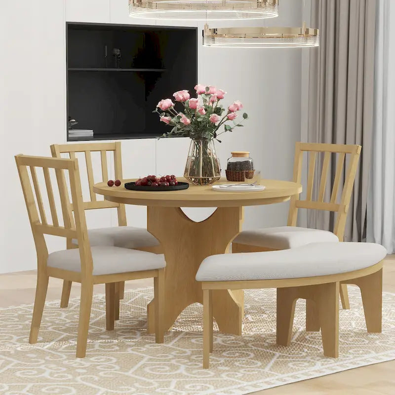 Table et chaises de salle à manger style champêtre moderne avec piètement incurvé et banc