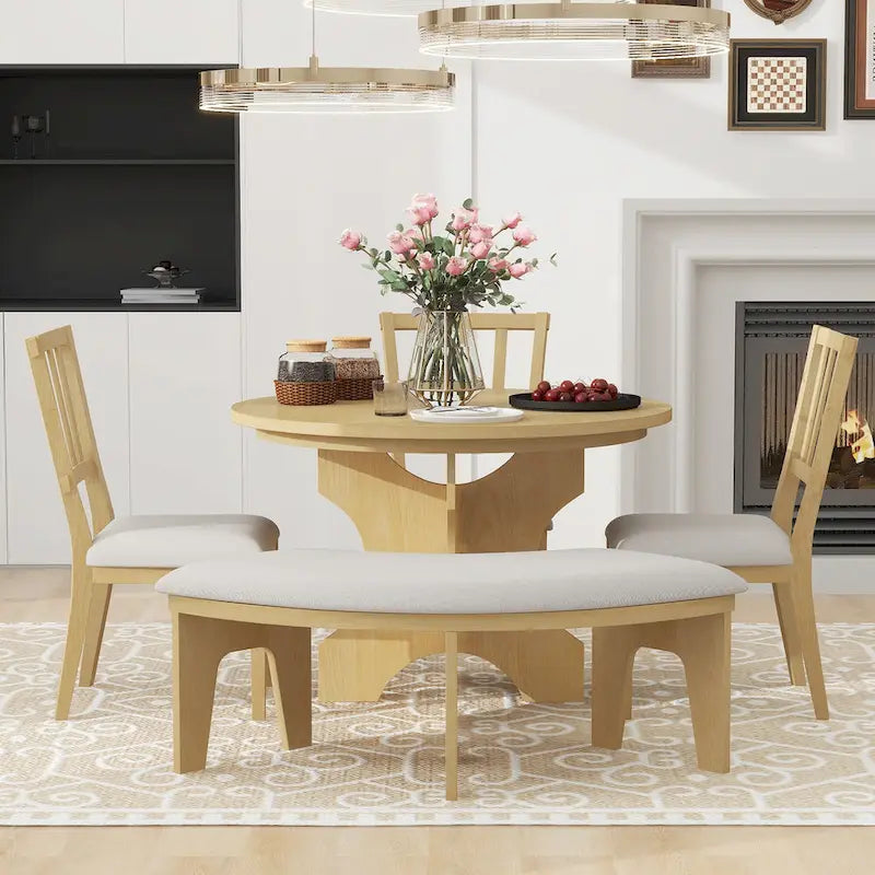 Table et chaises de salle à manger style champêtre moderne avec piètement incurvé et banc