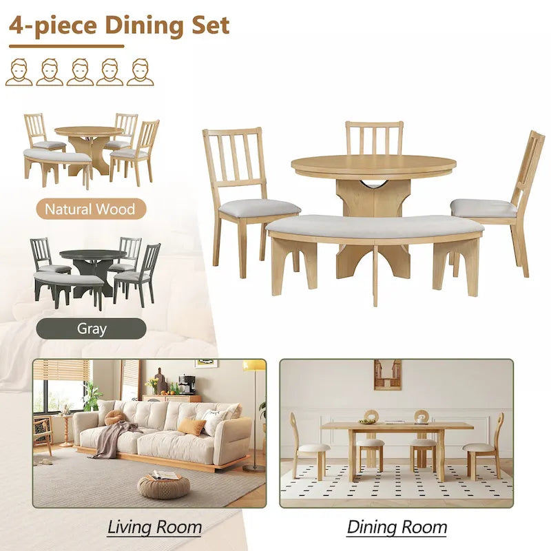 Table et chaises de salle à manger style champêtre moderne avec piètement incurvé et banc