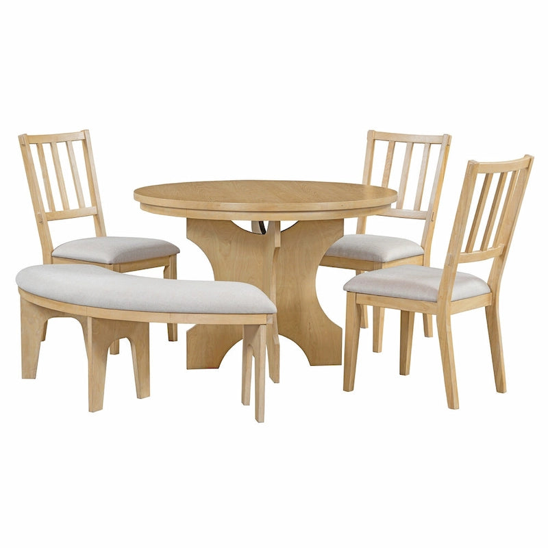 Table et chaises de salle à manger style champêtre moderne avec piètement incurvé et banc
