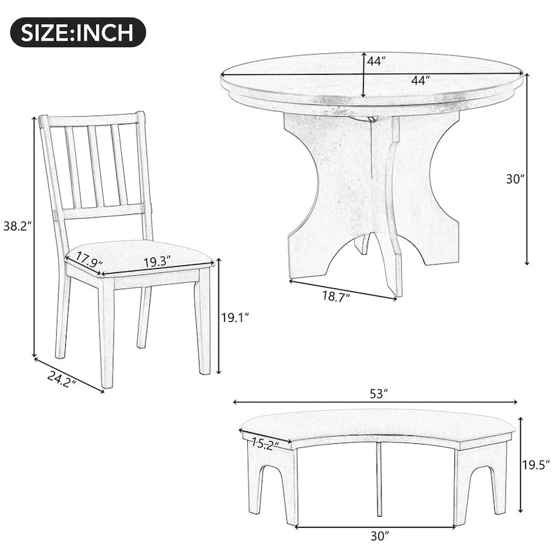 Table et chaises de salle à manger style champêtre moderne avec piètement incurvé et banc