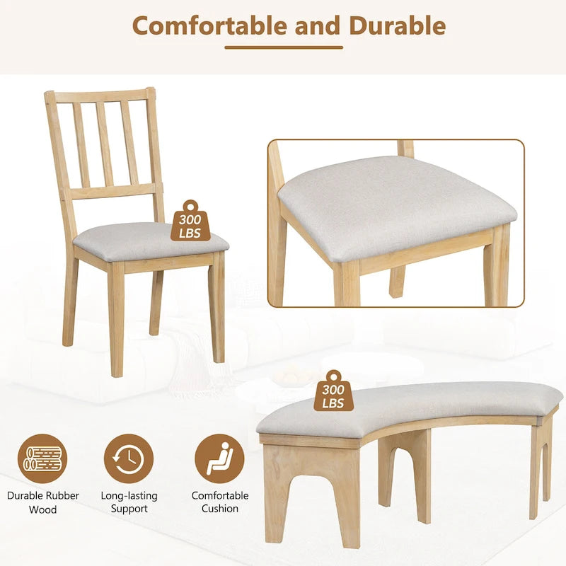 Table et chaises de salle à manger style champêtre moderne avec piètement incurvé et banc