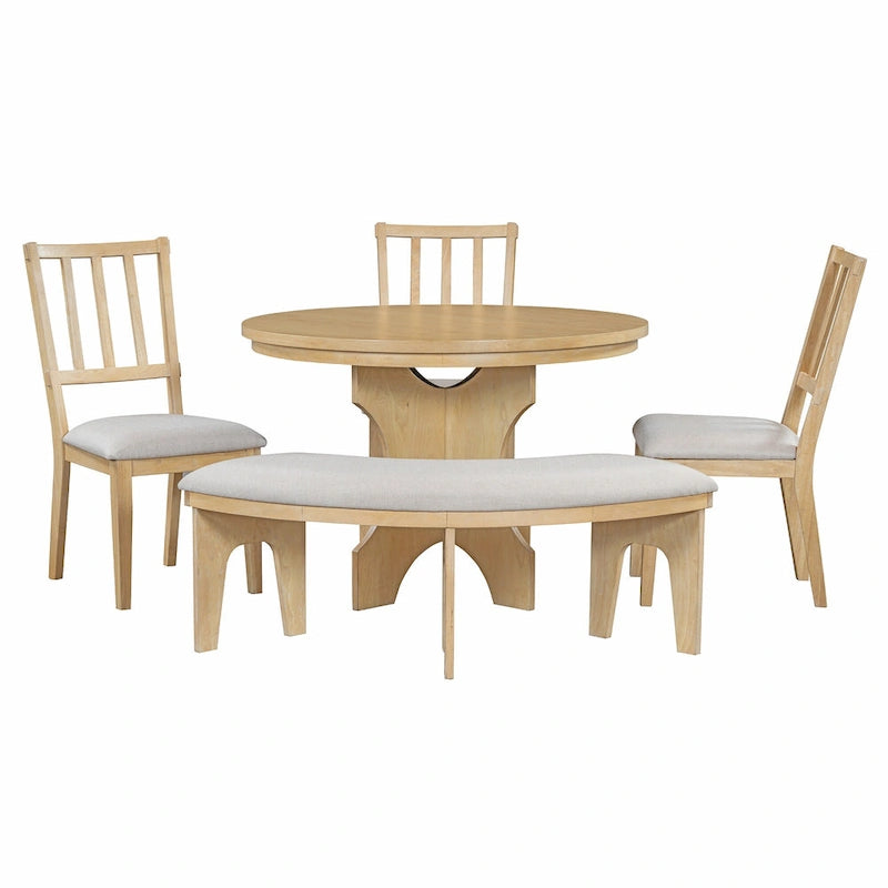 Table et chaises de salle à manger style champêtre moderne avec piètement incurvé et banc