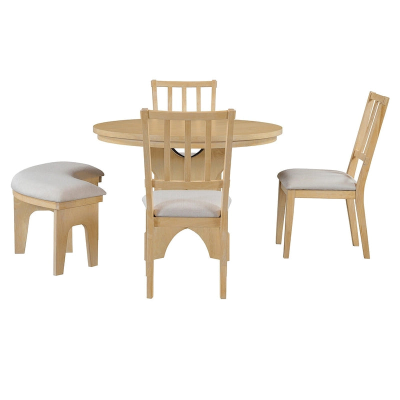 Table et chaises de salle à manger style champêtre moderne avec piètement incurvé et banc