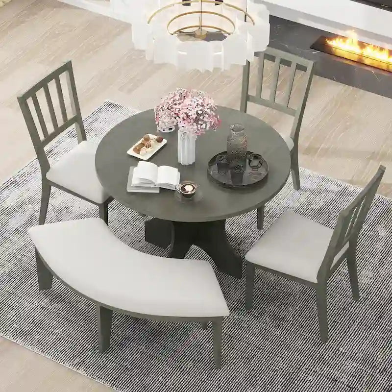 Table et chaises de salle à manger style champêtre moderne avec piètement incurvé et banc