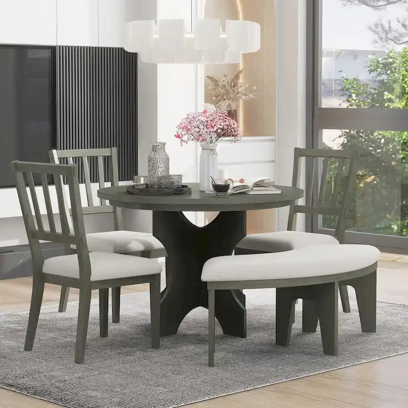 Table et chaises de salle à manger style champêtre moderne avec piètement incurvé et banc