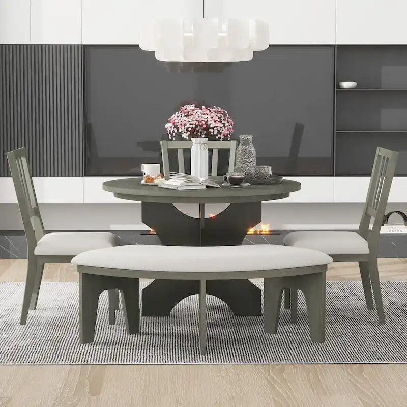 Table et chaises de salle à manger style champêtre moderne avec piètement incurvé et banc
