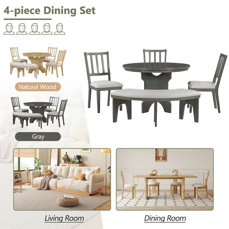 Table et chaises de salle à manger style champêtre moderne avec piètement incurvé et banc