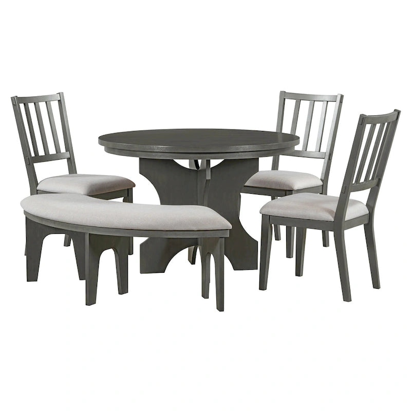 Table et chaises de salle à manger style champêtre moderne avec piètement incurvé et banc
