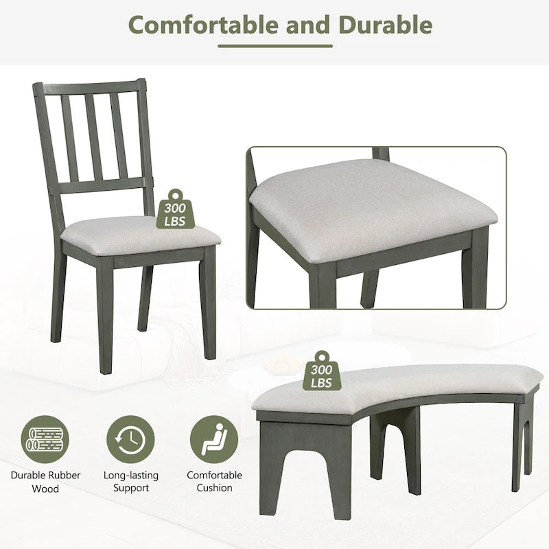Table et chaises de salle à manger style champêtre moderne avec piètement incurvé et banc