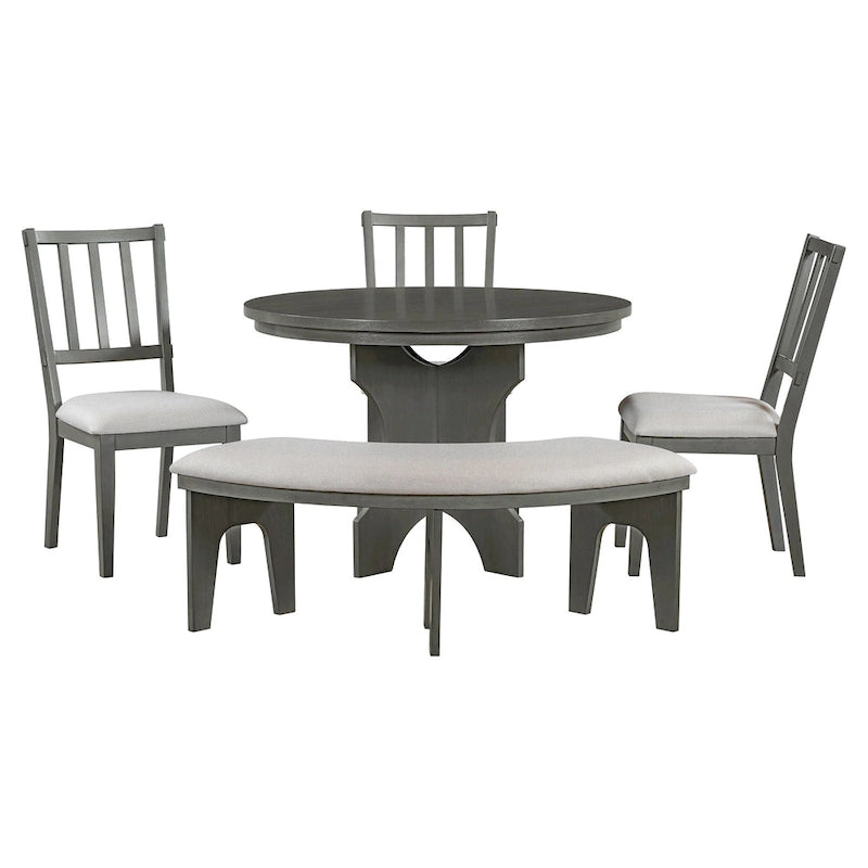 Table et chaises de salle à manger style champêtre moderne avec piètement incurvé et banc
