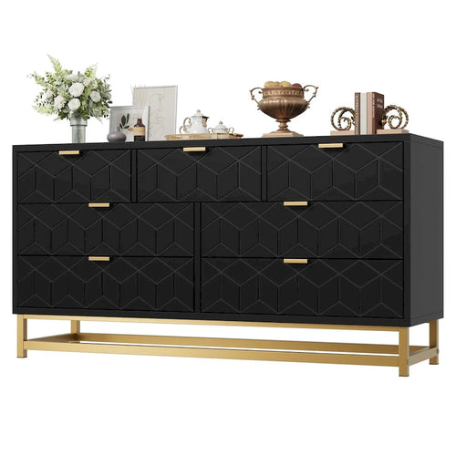 Commode à 7 tiroirs pour chambre à coucher, grande commode de 53,5 po avec pieds en métal