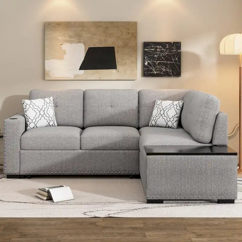 Canapé modulable Cloud, canapé rembourré en chenille avec pouf mobile, ports de charge et 3 oreillers de dossier.