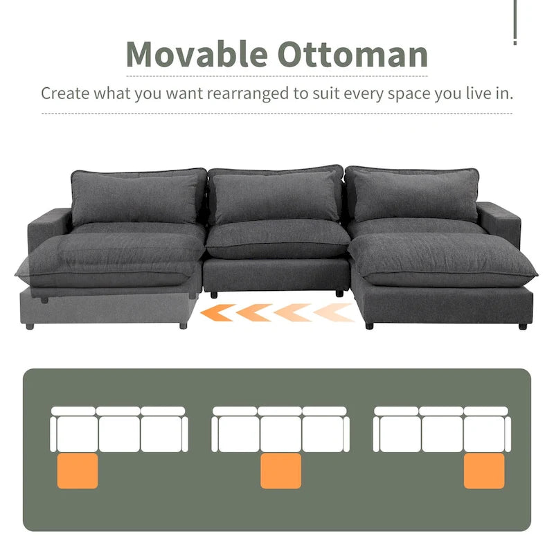 Canapé modulable Cloud, canapé rembourré en chenille avec pouf mobile, ports de charge et 3 oreillers de dossier.