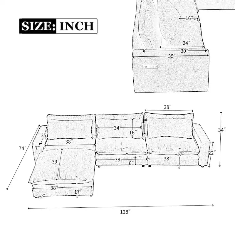 Canapé modulable Cloud, canapé rembourré en chenille avec pouf mobile, ports de charge et 3 oreillers de dossier.