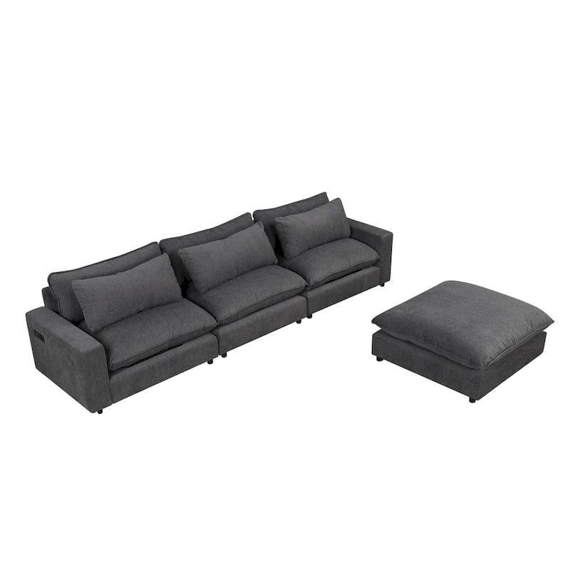Canapé modulable Cloud, canapé rembourré en chenille avec pouf mobile, ports de charge et 3 oreillers de dossier.