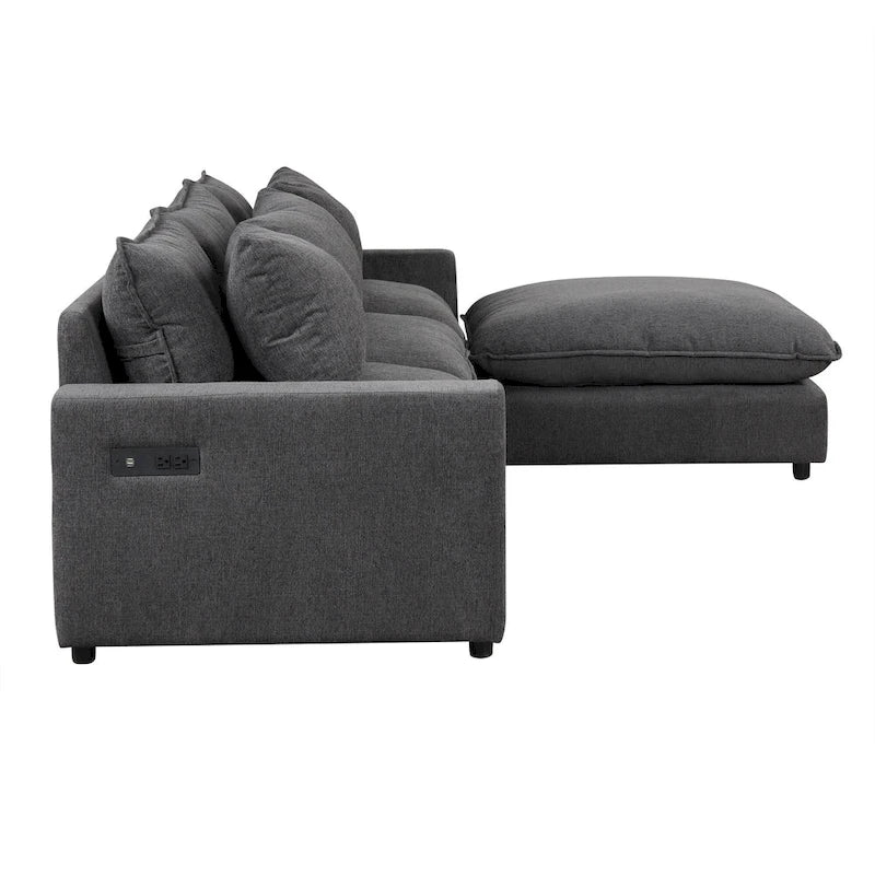 Canapé modulable Cloud, canapé rembourré en chenille avec pouf mobile, ports de charge et 3 oreillers de dossier.