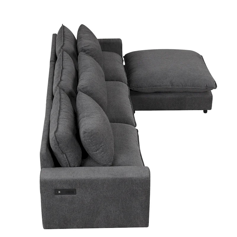 Canapé modulable Cloud, canapé rembourré en chenille avec pouf mobile, ports de charge et 3 oreillers de dossier.