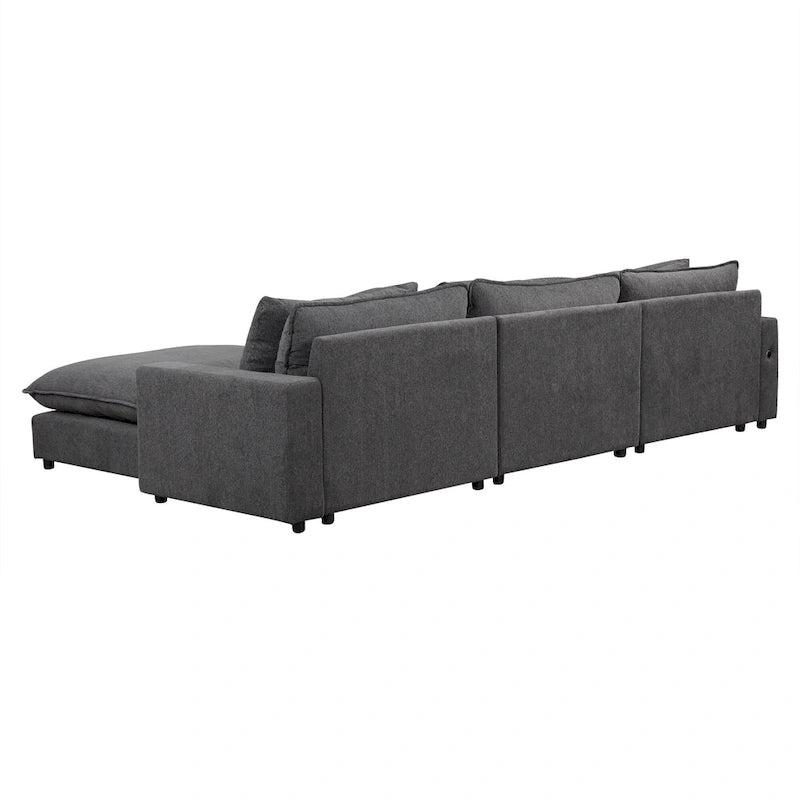 Canapé modulable Cloud, canapé rembourré en chenille avec pouf mobile, ports de charge et 3 oreillers de dossier.