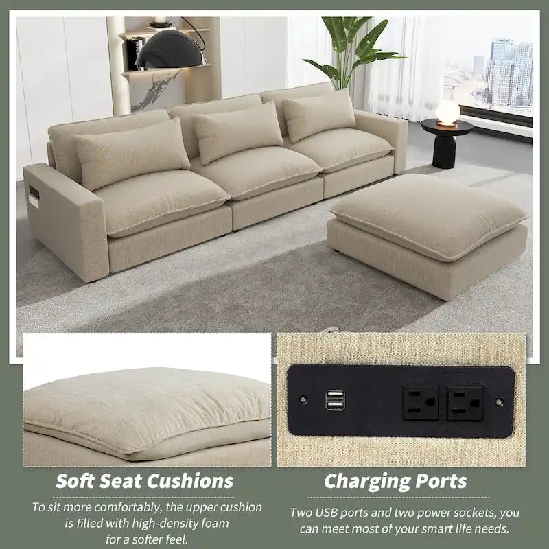 Canapé modulable Cloud, canapé rembourré en chenille avec pouf mobile, ports de charge et 3 oreillers de dossier.