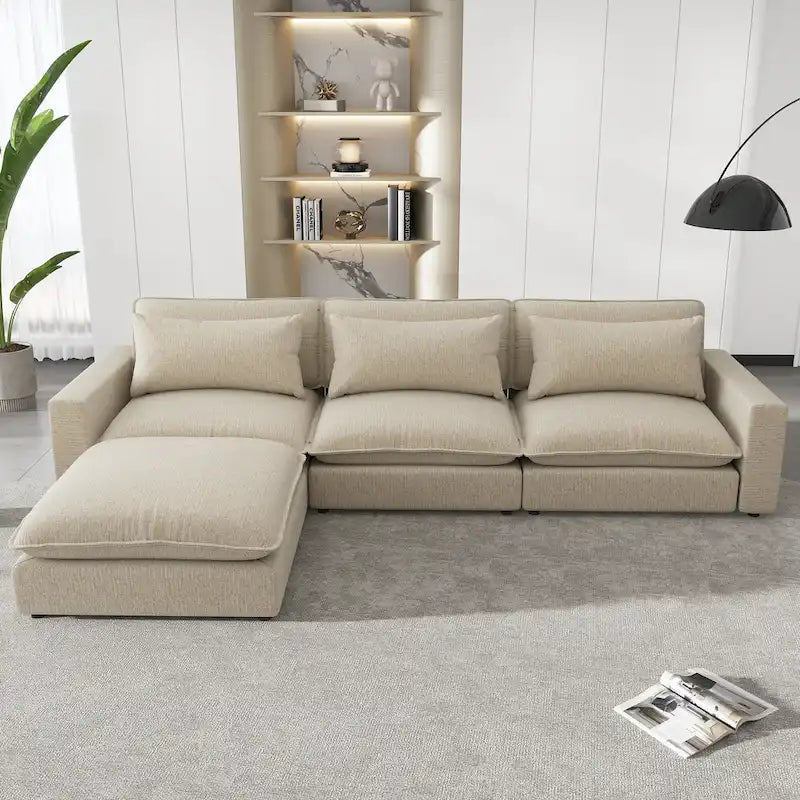 Canapé modulable Cloud, canapé rembourré en chenille avec pouf mobile, ports de charge et 3 oreillers de dossier.