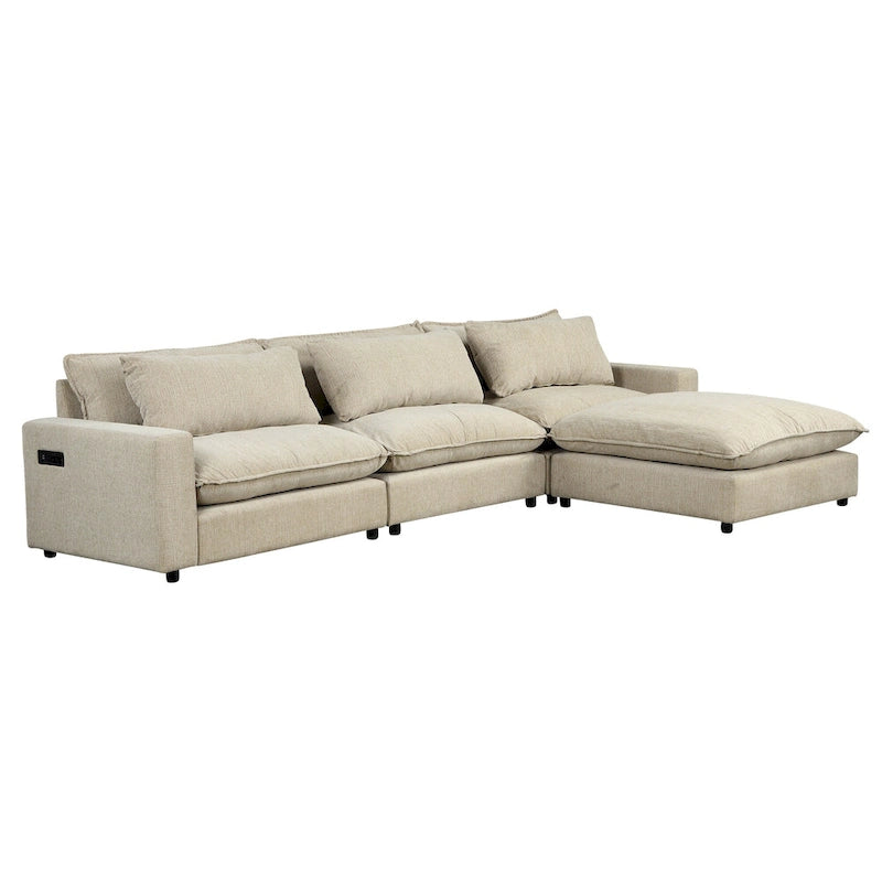 Canapé modulable Cloud, canapé rembourré en chenille avec pouf mobile, ports de charge et 3 oreillers de dossier.
