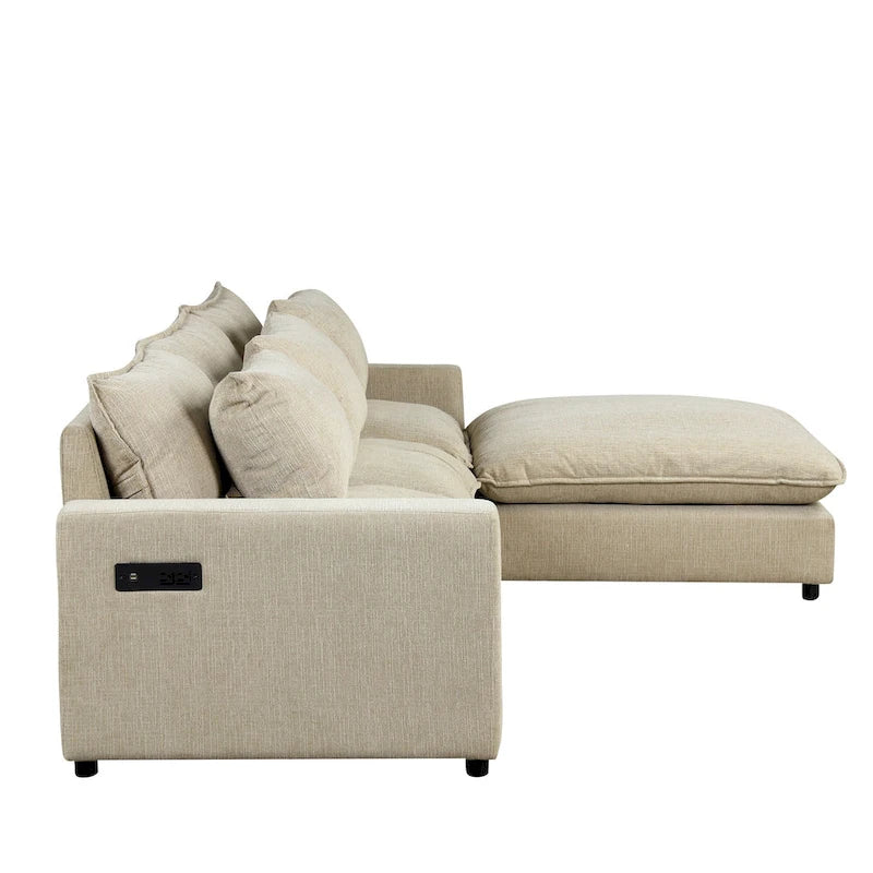 Canapé modulable Cloud, canapé rembourré en chenille avec pouf mobile, ports de charge et 3 oreillers de dossier.