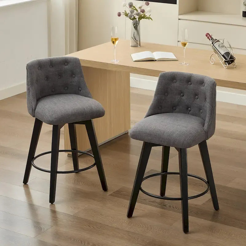 Tabouret de bar pivotant moderne en lin avec dossier capitonné et structure en bois massif