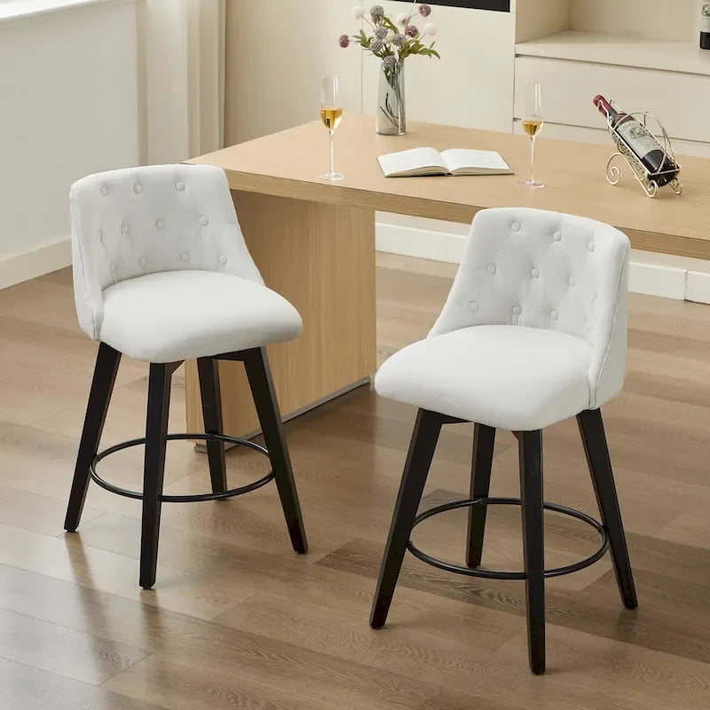 Tabouret de bar pivotant moderne en lin avec dossier capitonné et structure en bois massif
