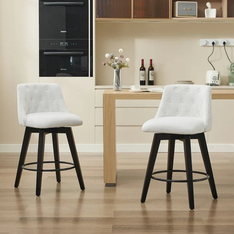 Tabouret de bar pivotant moderne en lin avec dossier capitonné et structure en bois massif
