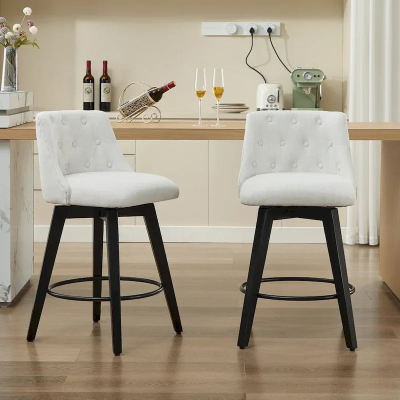 Tabouret de bar pivotant moderne en lin avec dossier capitonné et structure en bois massif