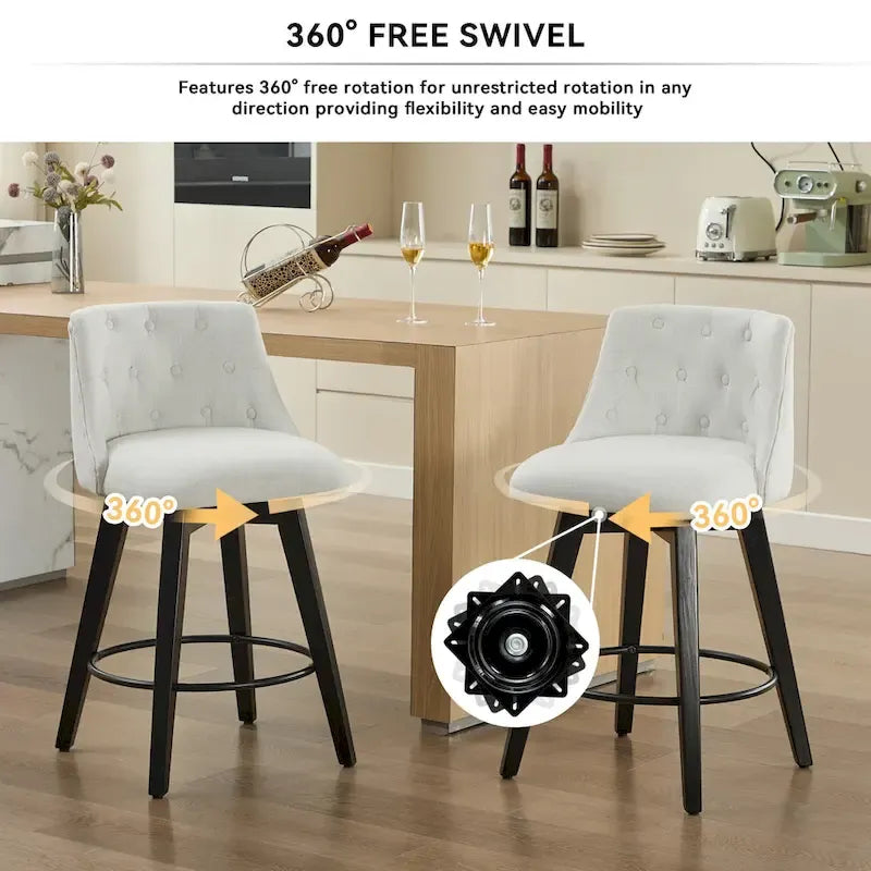 Tabouret de bar pivotant moderne en lin avec dossier capitonné et structure en bois massif