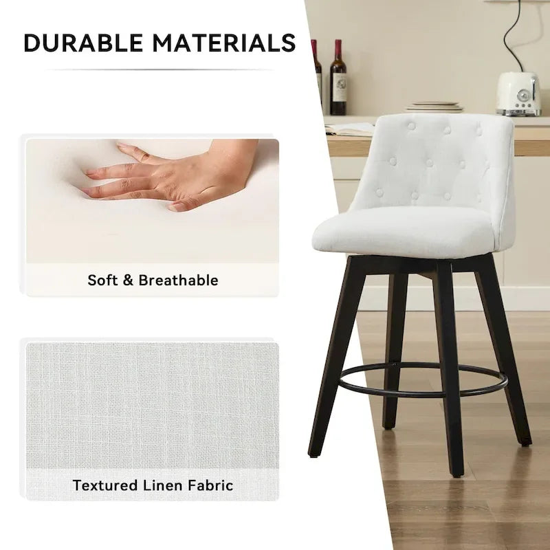 Tabouret de bar pivotant moderne en lin avec dossier capitonné et structure en bois massif