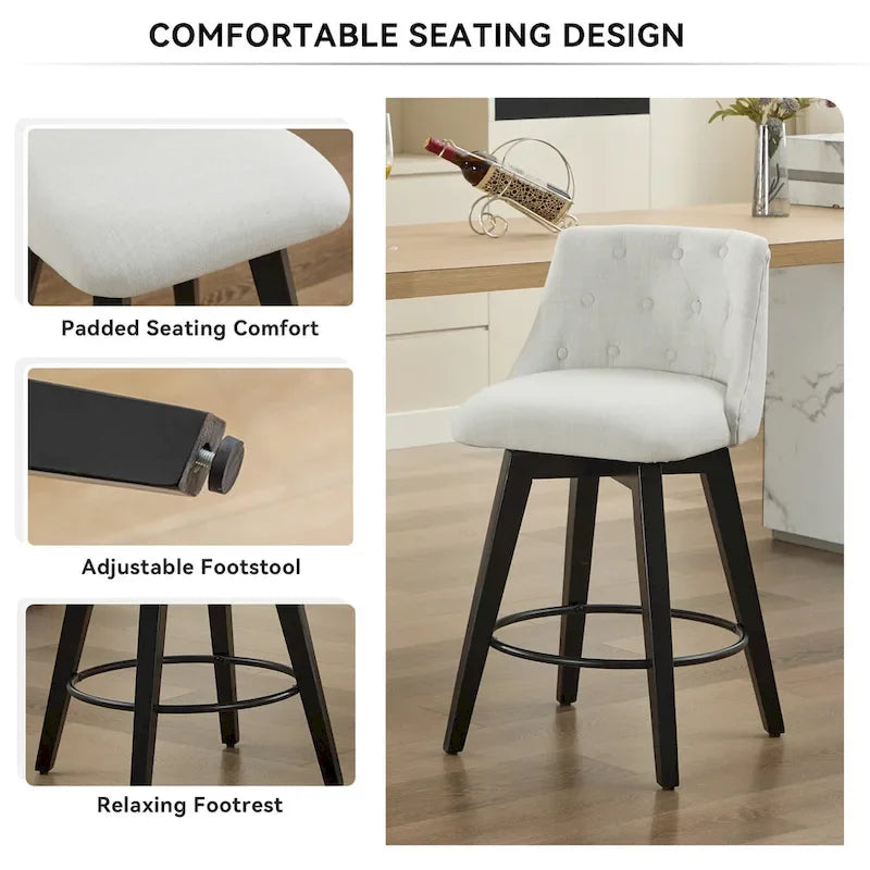 Tabouret de bar pivotant moderne en lin avec dossier capitonné et structure en bois massif