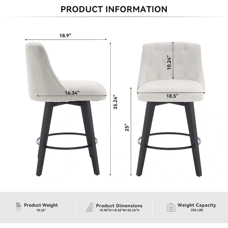 Tabouret de bar pivotant moderne en lin avec dossier capitonné et structure en bois massif