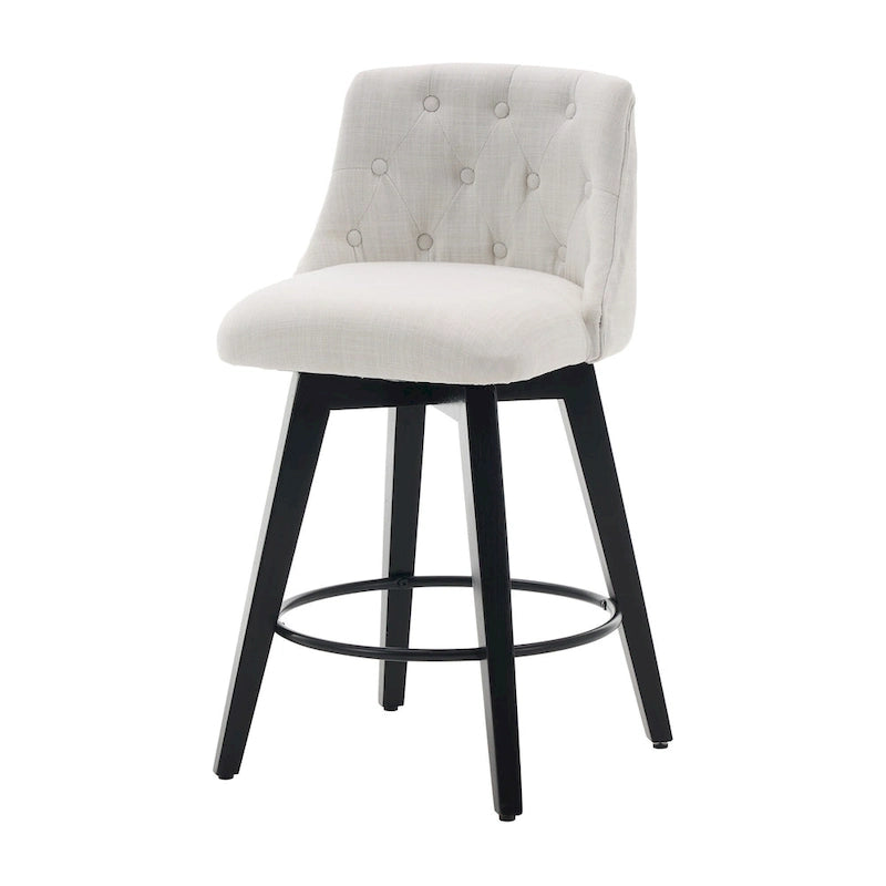 Tabouret de bar pivotant moderne en lin avec dossier capitonné et structure en bois massif