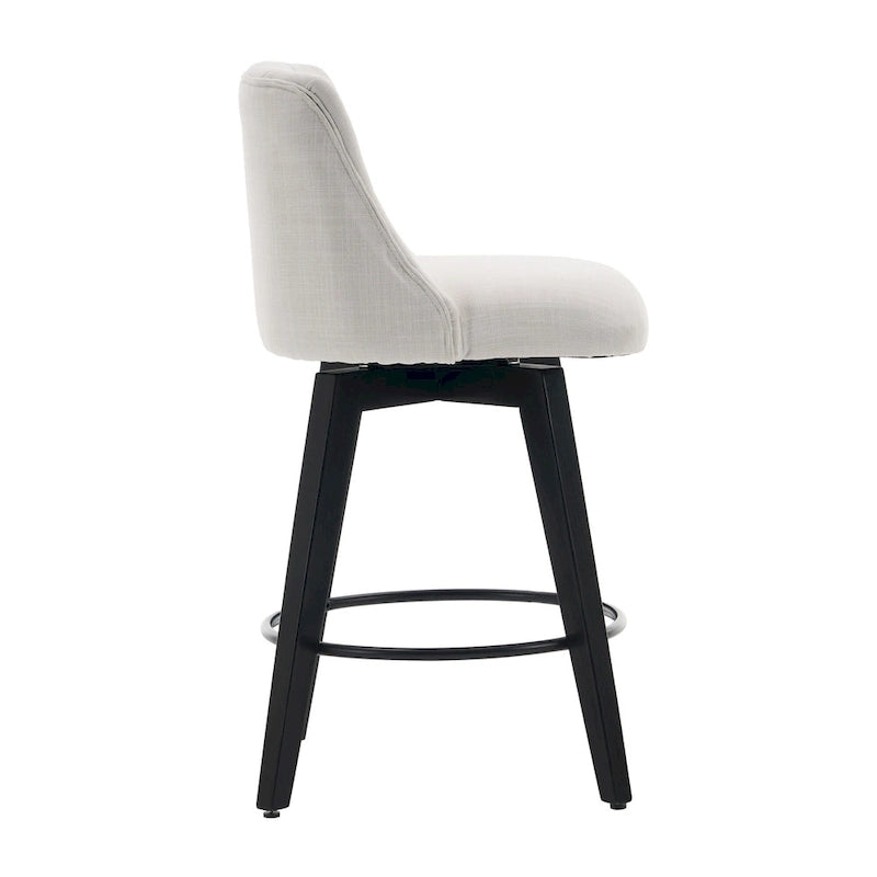 Tabouret de bar pivotant moderne en lin avec dossier capitonné et structure en bois massif