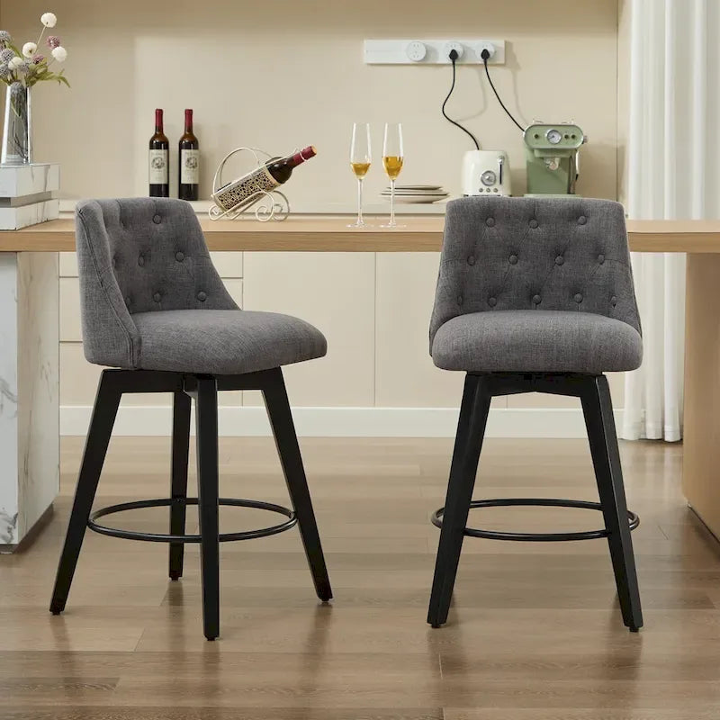 Tabouret de bar pivotant moderne en lin avec dossier capitonné et structure en bois massif
