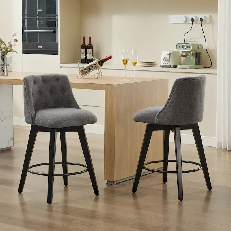 Tabouret de bar pivotant moderne en lin avec dossier capitonné et structure en bois massif