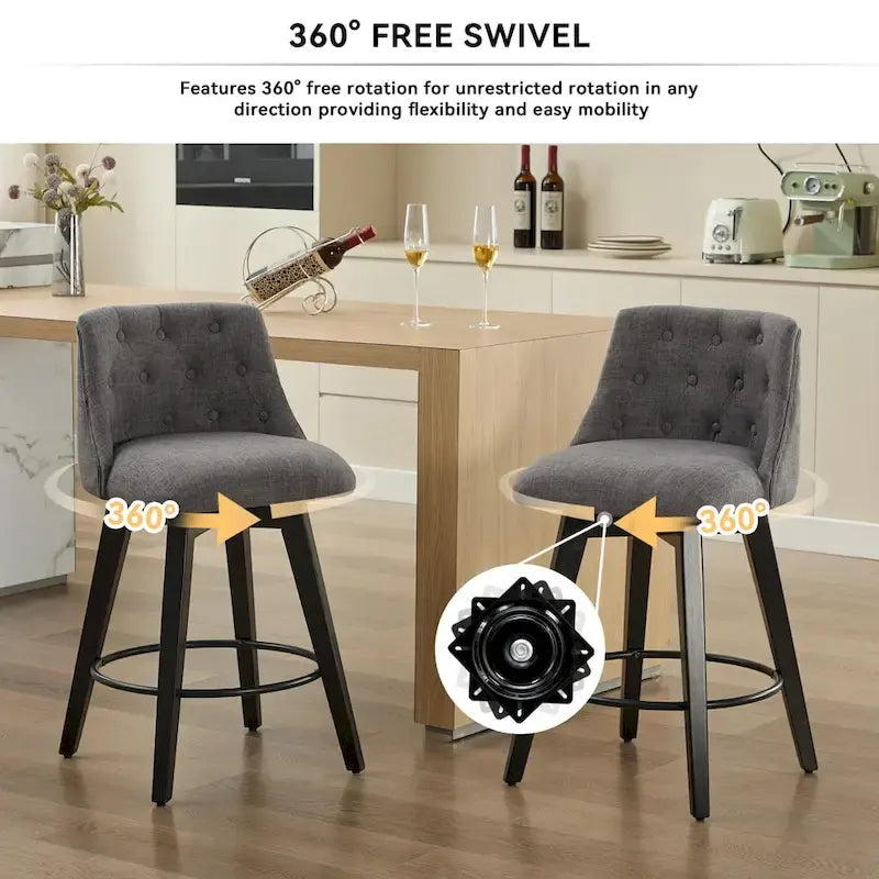Tabouret de bar pivotant moderne en lin avec dossier capitonné et structure en bois massif