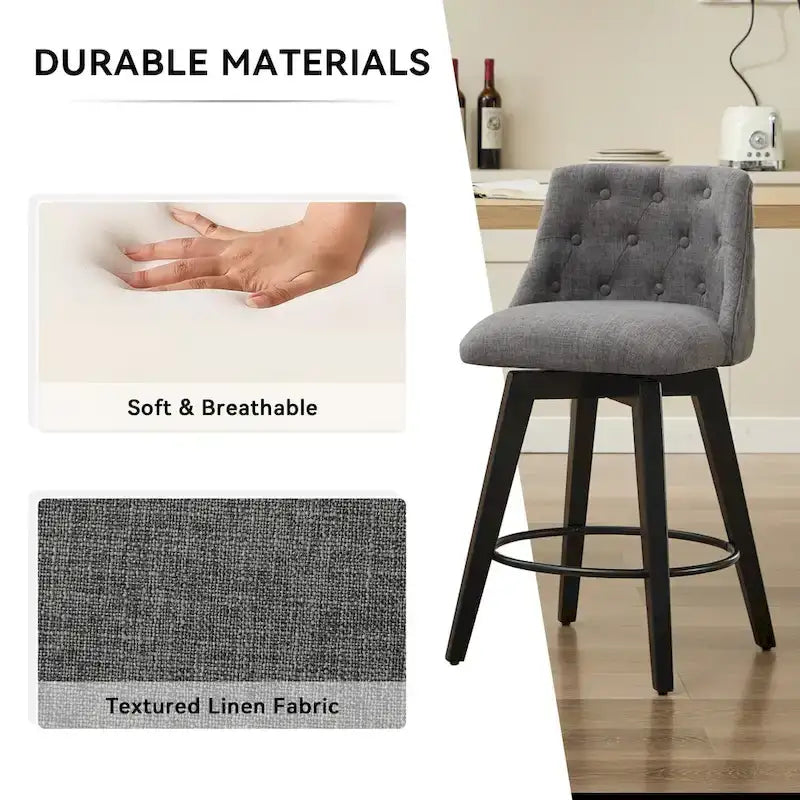 Tabouret de bar pivotant moderne en lin avec dossier capitonné et structure en bois massif
