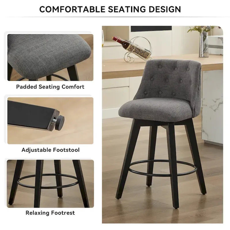 Tabouret de bar pivotant moderne en lin avec dossier capitonné et structure en bois massif